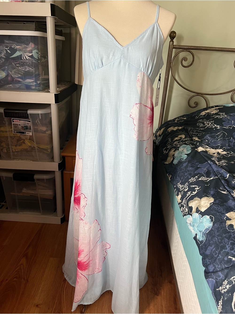 Japna Women’s Large Light Blue Floral Lined Cotton Maxi Dress with Pink Bloom